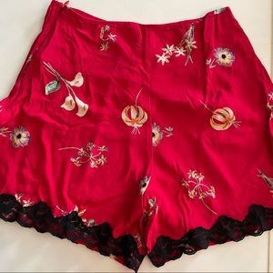 Vintage Henri Bendel red high waisted shorts with lace trim